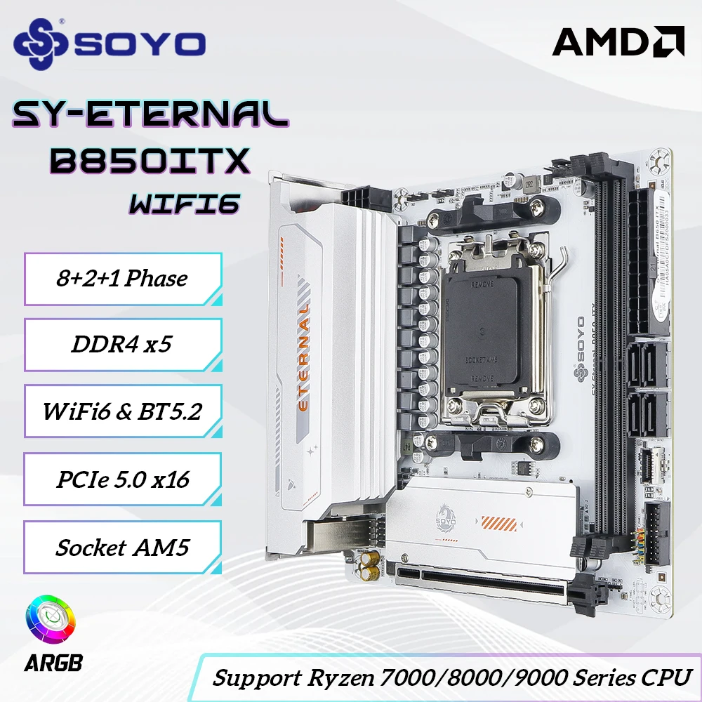 

SOYO Eternal B850ITX WiFi6 Motherboard,AMD AM5 Ryzen Socket Support dual-channel DDR5 memory and M.2 NVMe PCIe5.0 interface ARGB