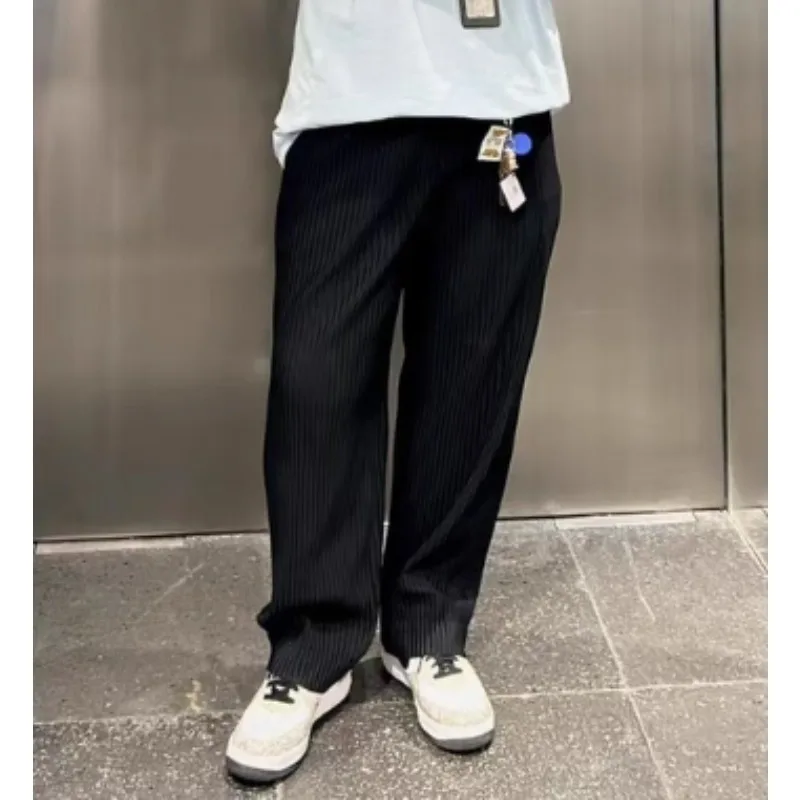 

Miyake Pleated Straight Pants Mens 2025 Fall New Solid Commuter Drape Straight Elastic Waist Pants Slack Sense Casual Pants Male