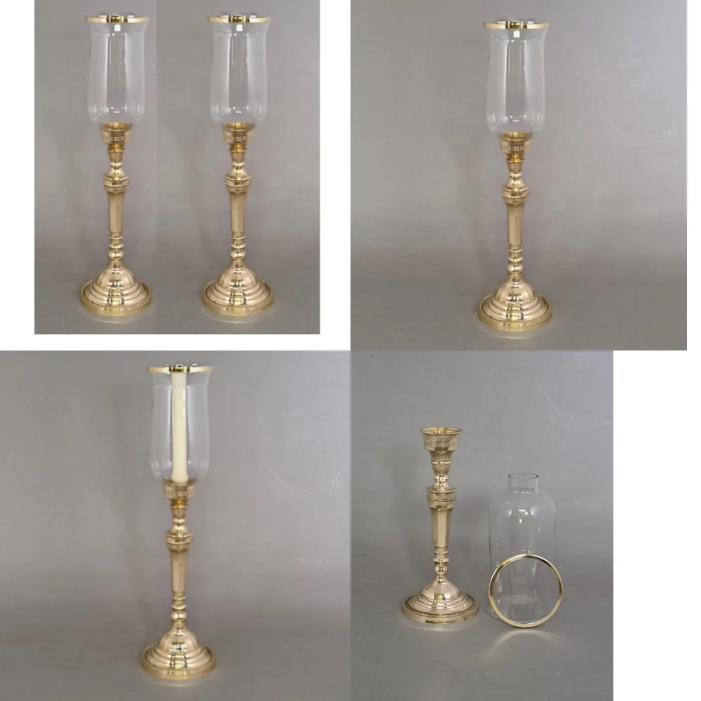 

CandlestickBrass Candle Holder with Clear Glass Shade and Brass Ring 5.5 Inch Diameter 19.5 Inch Tall Set of 2 Modern Vintage