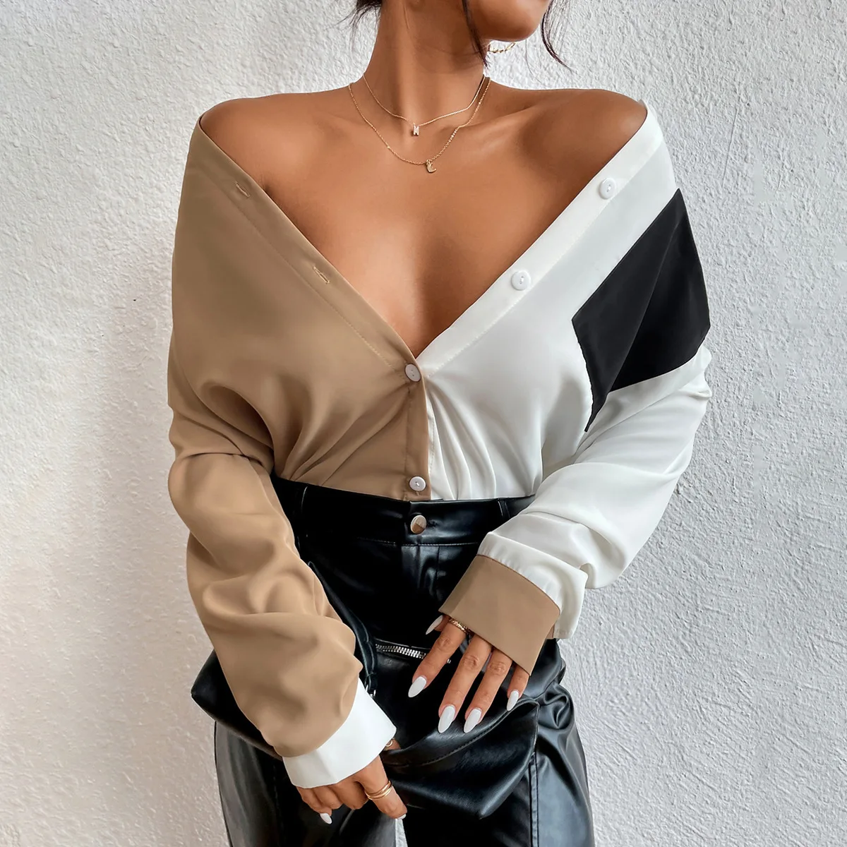 Women Blouses 2022 Fashion Patchwork Long Sleeve Unlined Upper V-neck Button Off Shoulder Harajuku Female New Sale HJY8666