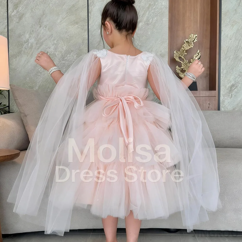Pink Flower Girl Dresses With Cloak Tulle Dress For Girls Applique Birthday Dress Tiered Girl Princess Dress Cute Kids' Dresses