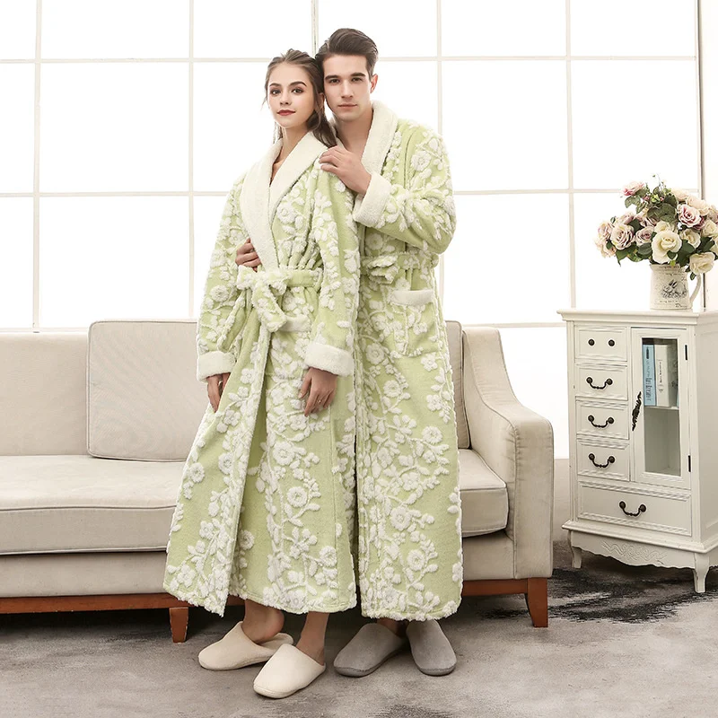 Couple Winter Extra Long Jacquard Warm Flannel Bathrobe Plus Size Coral Fleece Bath Robe Floral Dressing Gown Men Thick Sleepwea