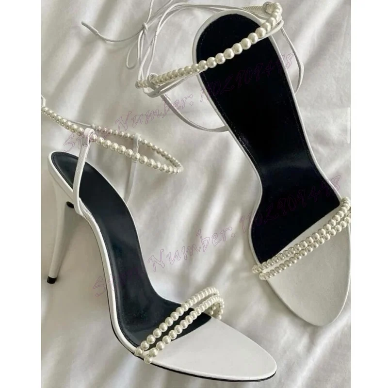 

White Pearl Decor Ankle Strap Sandals Round Toe Shoes for Women Stiletto High Heels Wedding Party Shoes 2024 Zapatos Para Mujere