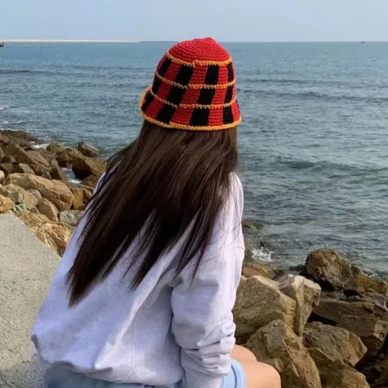 Ins Fashion Striped Contrasting Cotton Bucket Hat Women Outdoor Travel Versatile Fashion Handmade Crochet Dome Crimped Basin Cap