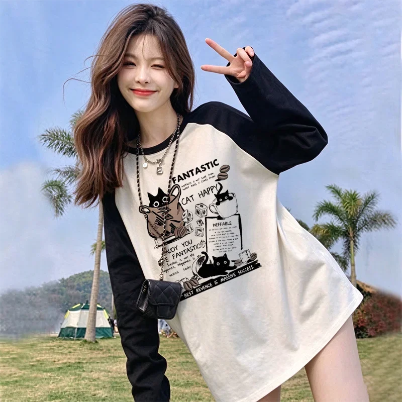 Women Raglan Long Sleeve T-shirt Black White Contrast Color Black Cat Letter Graphic Print Oversized Casual Crew Neck Fall Tops