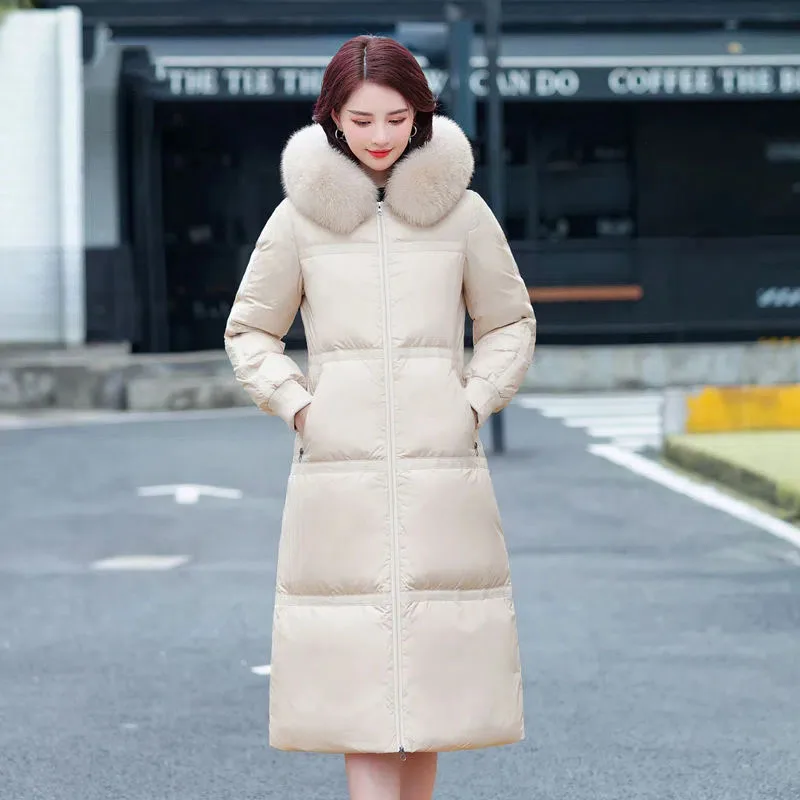 Fashion Over The Knee Long Loose Temperament Down  Women's 2022 New Winter Hooded Big Fur Collar Warm Casual  Women