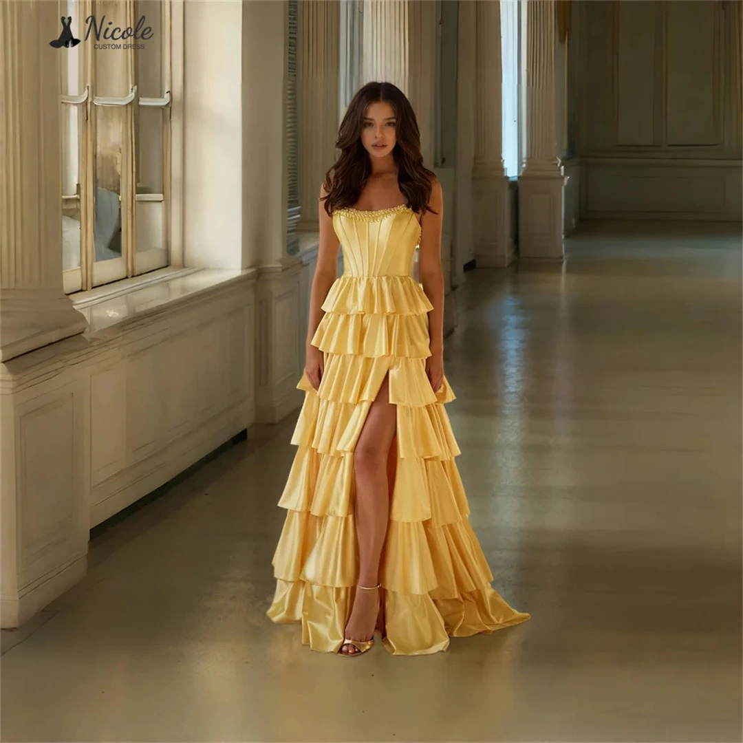 

Nicole Custom Made Prom Dresses 2025 Luxury Women's Elegant Party Dress Layered Formula Gold Off-shoulder Wedding Evening Dress