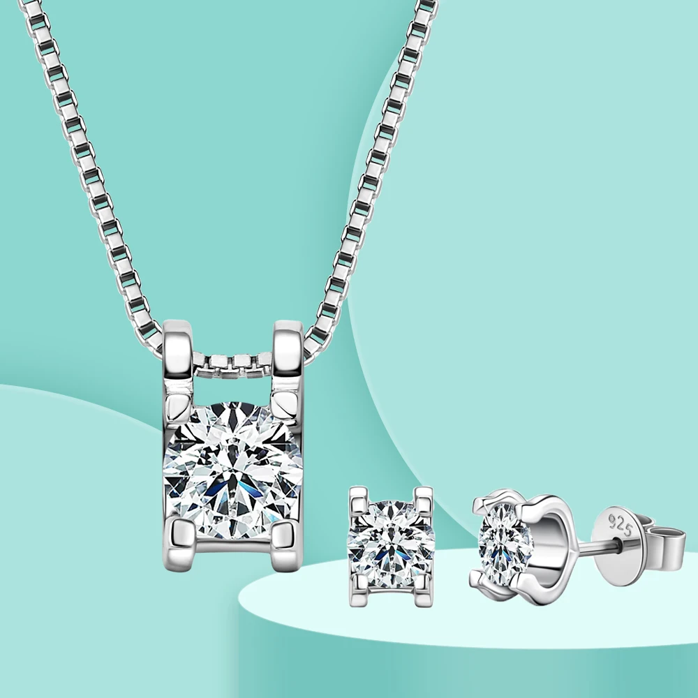 

AINUOSHI 6.5MM Moissanite Stud Earring Necklaces 925 Sterling Silver Box Chain Necklace Jewelry Set For Lovers' Wedding Gift