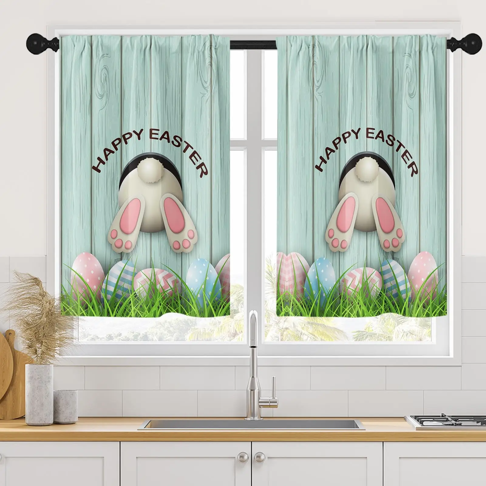 Easter Kitchen Curtains, Blue Wooden Rabbit Short Window Curtain , Window Treatment Tier Curtains for Over Sink Bathroom Decor