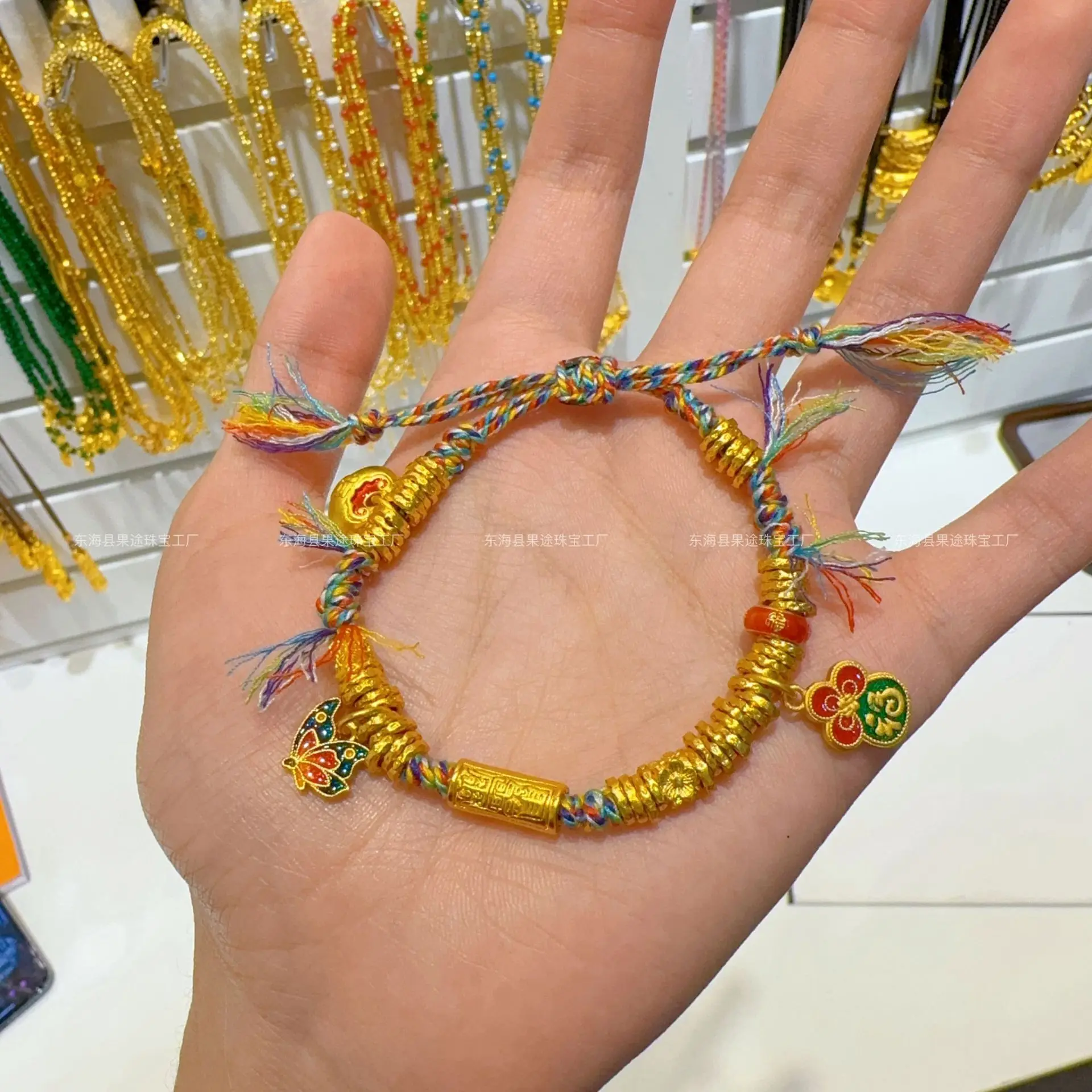

Plated Genuine Gold Strong Preservation Antique Sand Plate Wrapped With Enamel Bracelet Ruyi Buckle Hand Woven Rope Girls Gift