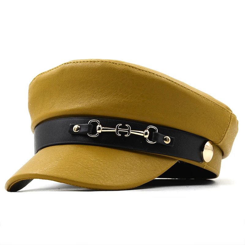 Brand Hat Girl Military Caps Black Leather Studentsr Hats Flat Female Adjustable Autumn Winter Captain Cap Women