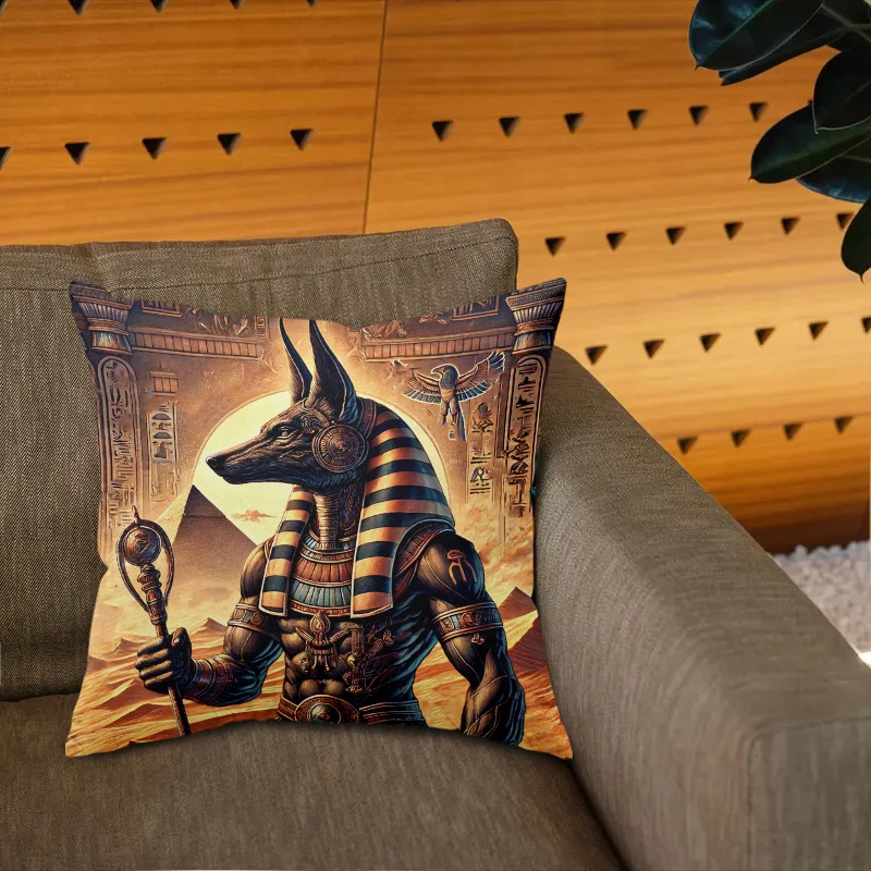 VIKAMA Ancient Egyptian Anubis Pillow Cover, Polyester Plush Zippered Cushion Case for Living Room Bedroom Home Decor