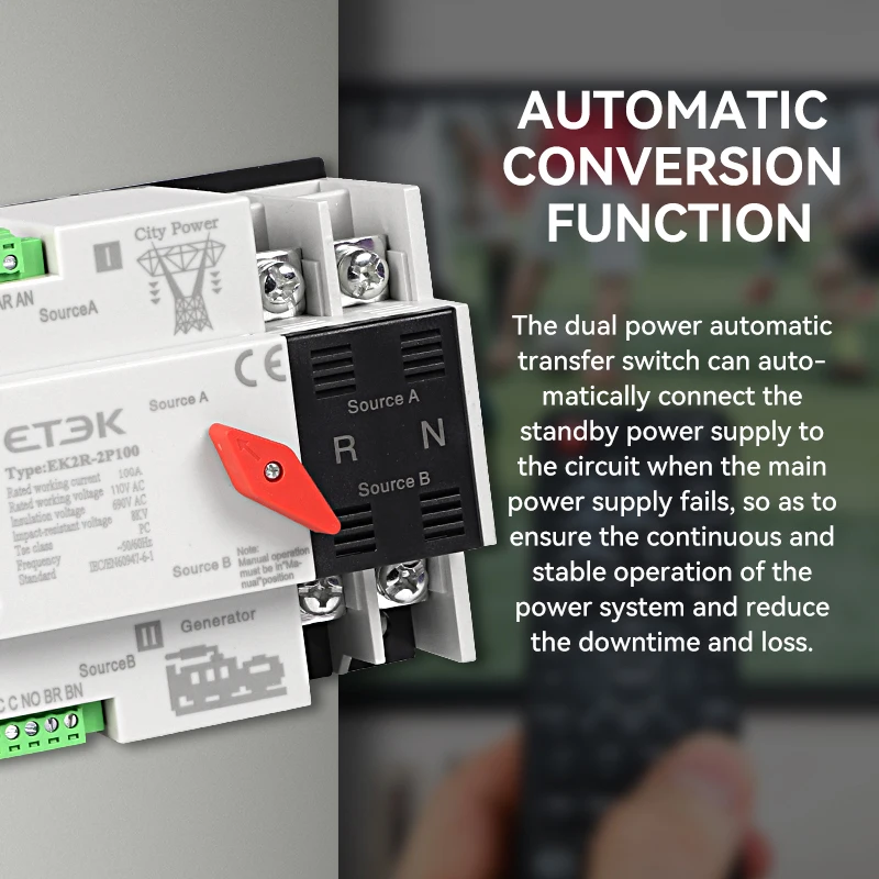 Imagem -02 - Etek-interruptores do Ats do Trilho do Ruído da Fase Monofásica 110v Poder Duplo Transferência Automática Interruptores Ininterrupto do Seletor Bonde 2p 63a 100a 125a