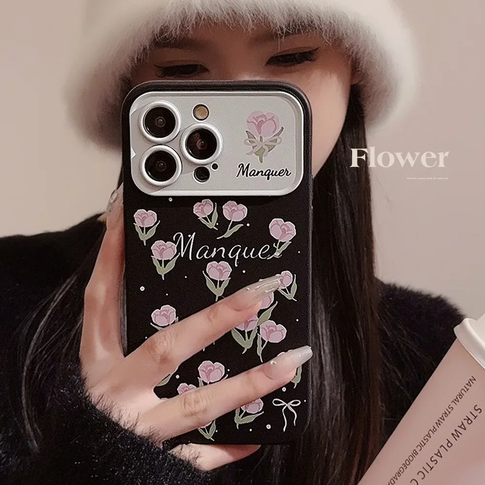 Simple  Style Black White Pink Tulip Phone Case for IPhone16 15 14 12 13 11 Pro ProMax Plus X XR Shockproof Phone Cover