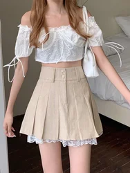 Korean Fashion Khaki Short Skirt Lace Trim Cute Pleated Skirts Womens Preppy Style Button Up High Waist Summer Mini Skirt