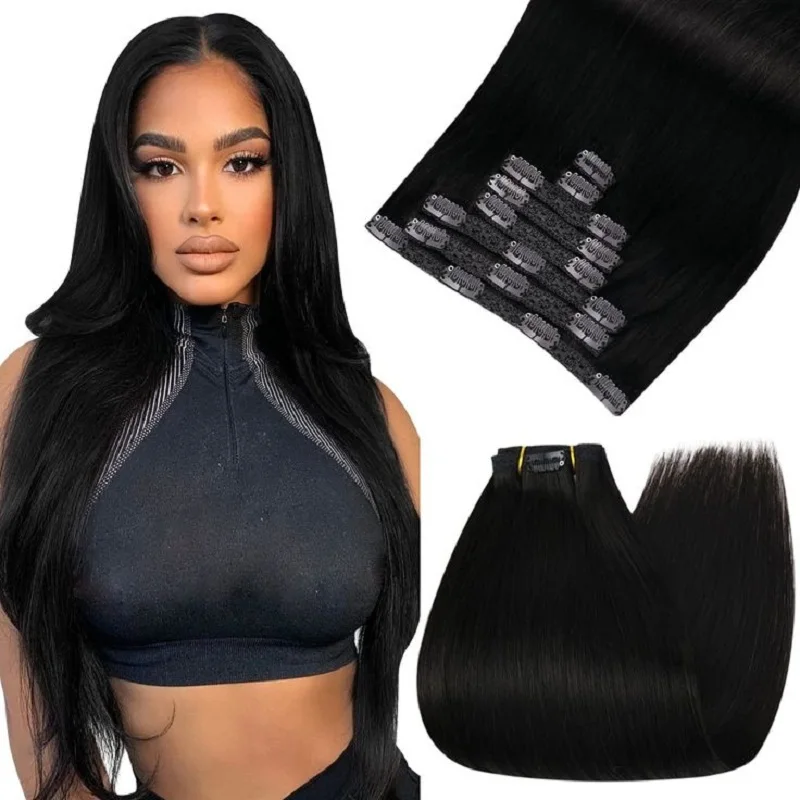 Extensions de cheveux humains à clipser droites pour femmes, clips de tête complets, 100% cheveux brésiliens naturels, extension de cheveux Remy, 70-120g, 7 pièces par ensemble