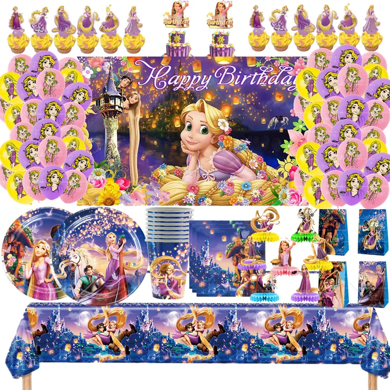 Tangled Rapunzel Princess Party Decorations Disney Princess Disposable Tableware Plates Banner Balloons For Girls Birthday Party