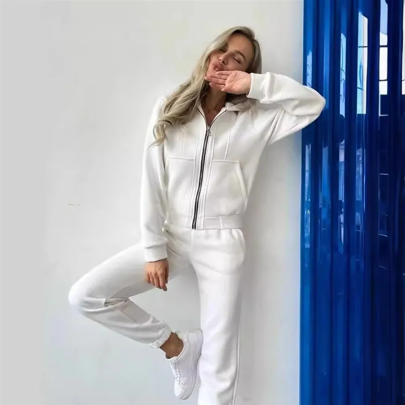 

Winter Long Sve Hooded Zipper Women's Sweatirt And Pants Set Color plus Size Comfortable Breathable Faionable