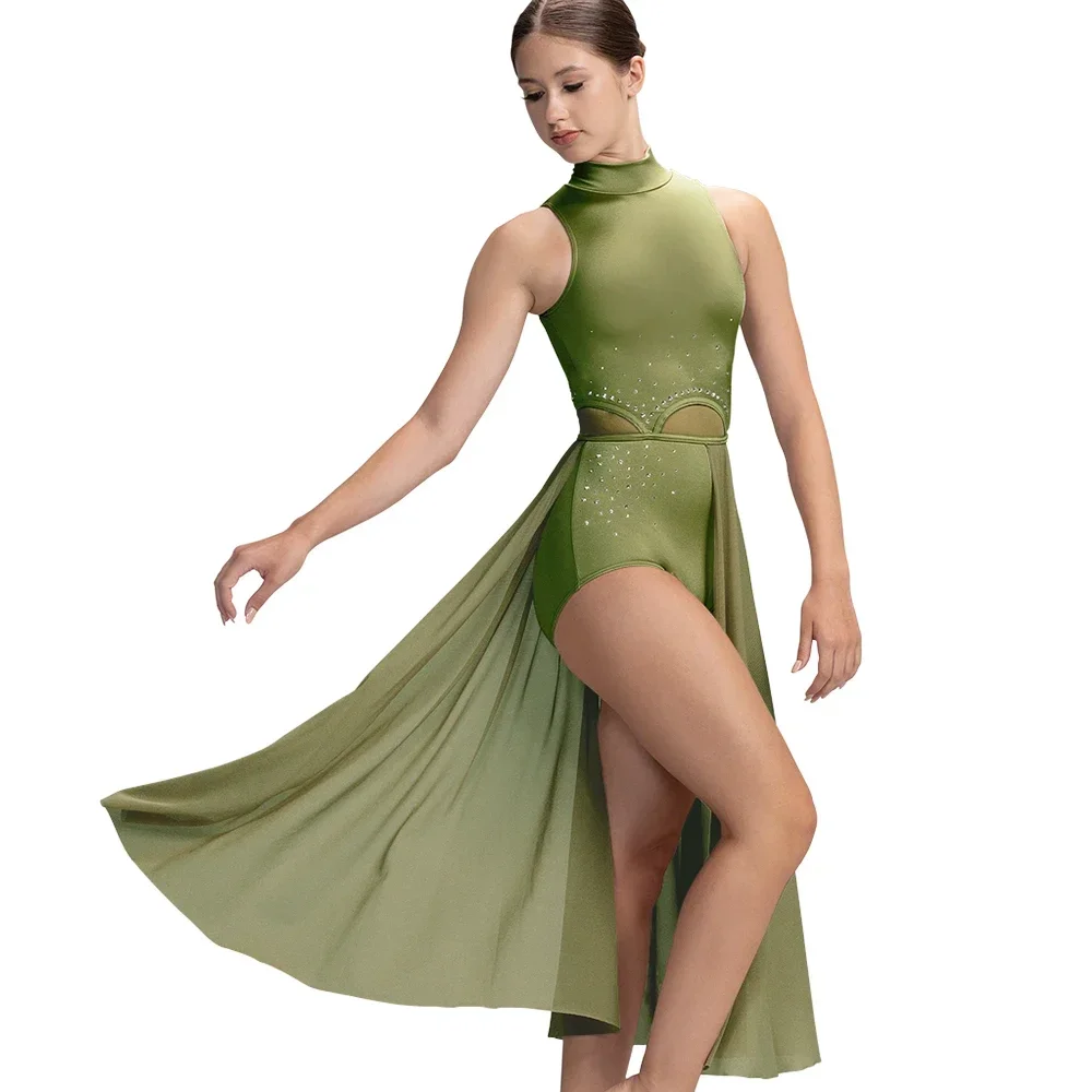 Women Rhinestone Ballet Competition Dress Elegant Lyrical Leotard Half Skirt Dance Competition Stage Costume Girls Kids Sparkly image 3