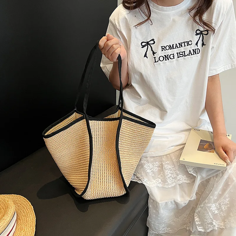 Fashion Crochet Bags for Women Summer Beach Tote Bag Raffia Aesthetic Totes Straw Handbag Bohemian Boho Woven Knit Shoulder Bag