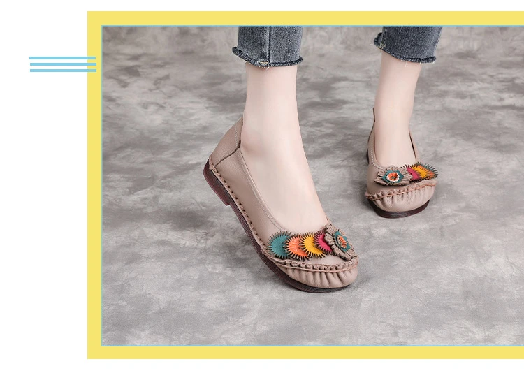 Neue handgefertigte Ballerinas aus echtem Leder für Damen mit Blumenapplikation, ethnische flache Schuhe für Damen, Vintage-Slip-On-Flats, Damen-Mokassins – Detail 12