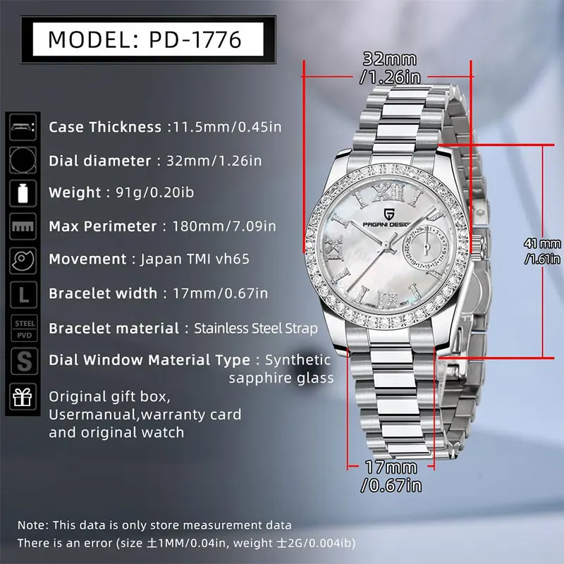 2025 PAGANI DESIGN 32 มม.นาฬิกาข้อมือสตรี VH65 ควอตซ์นาฬิกายี่ห้อ Sapphire Glass นาฬิกาสแตนเลส 100M นาฬิกากันน้ํา