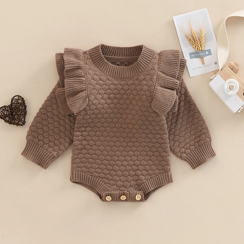 

Newborn Baby Girl Long Sleeve Jumpsuit Shoulder Ruffles Decoration Round Collar Buttons Closure Crotch Loose Fit Bodysuit