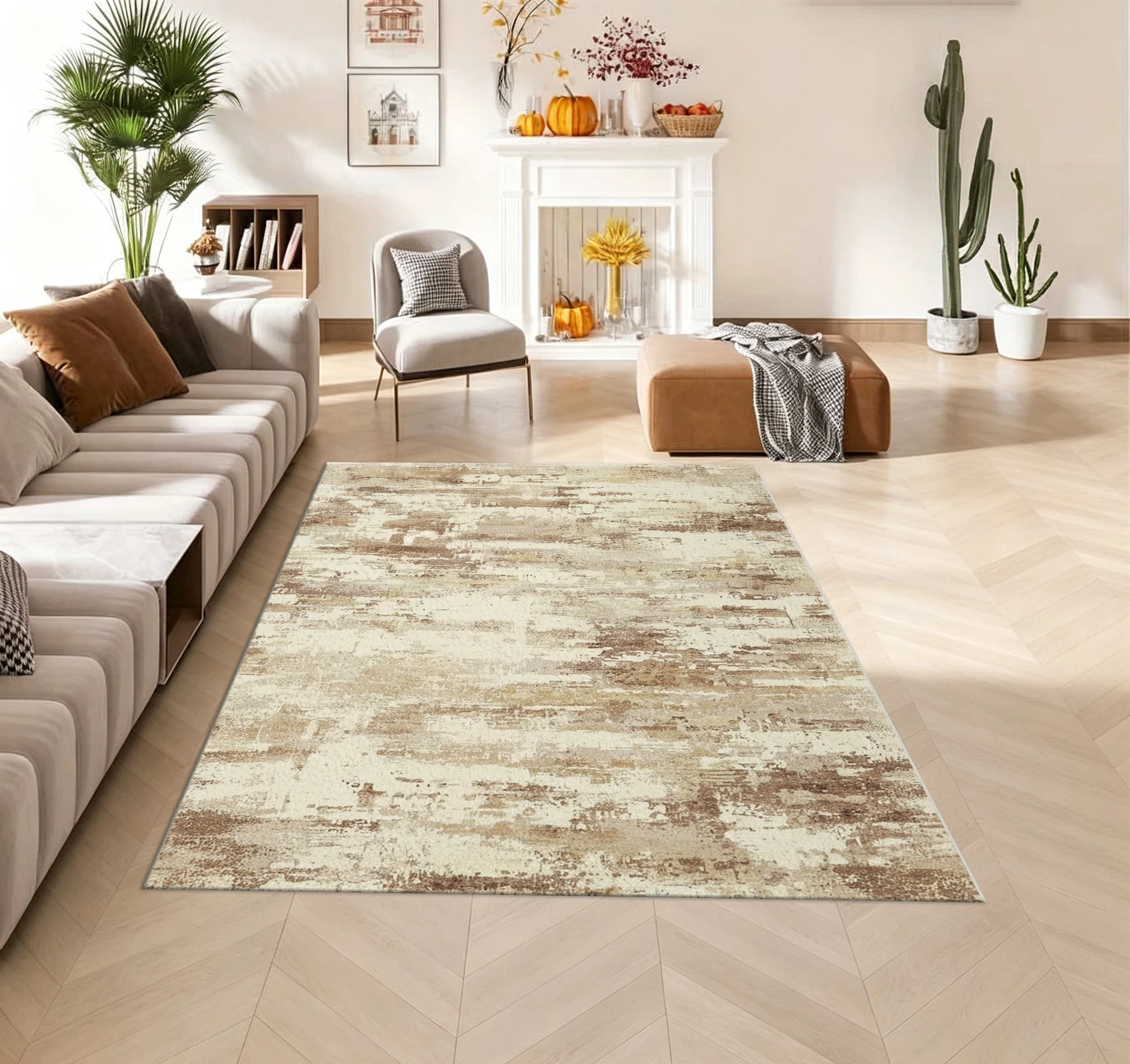 Neutral Brown Beige Paint Stroke Abstract Area Rug Carpet Flooring Modern Art Floor Carpet for Home Decor
