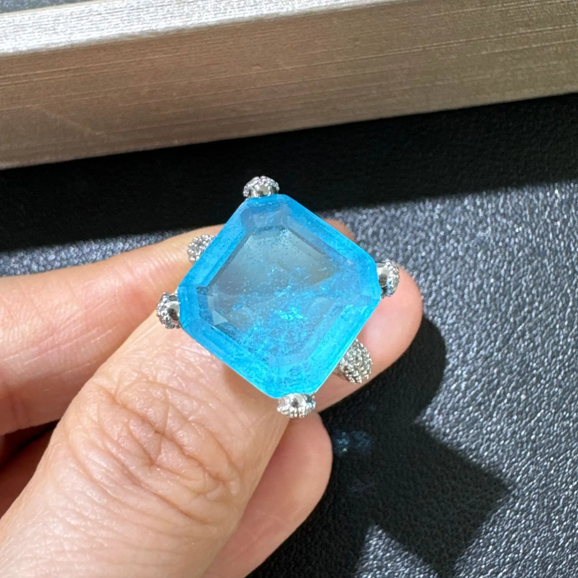 9 colors Ring Silver Plated Statement Jewelry Simulated Paraiba Cubic Zirconia square block open ring for women