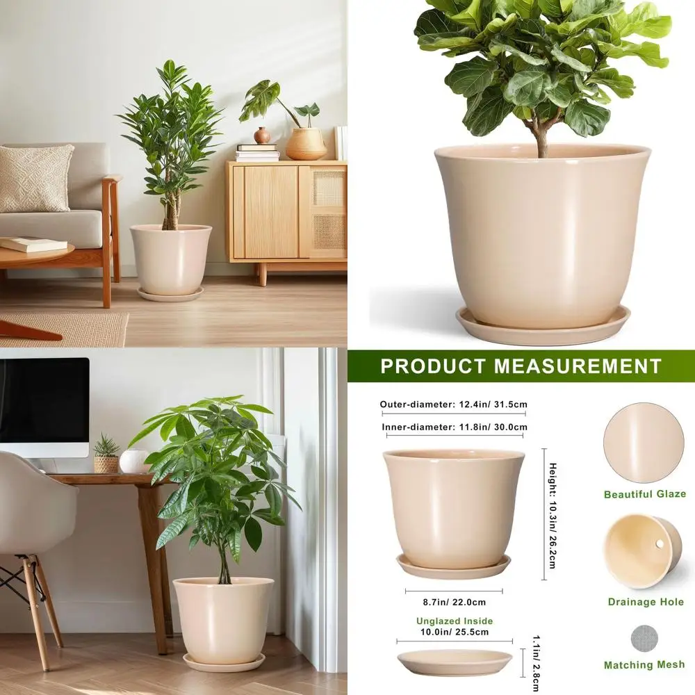 

12 Inch Round Plant Pot with Drainage and Tray, Suitable for Indoor and Outdoor, Modern Decorative Planters, Beige