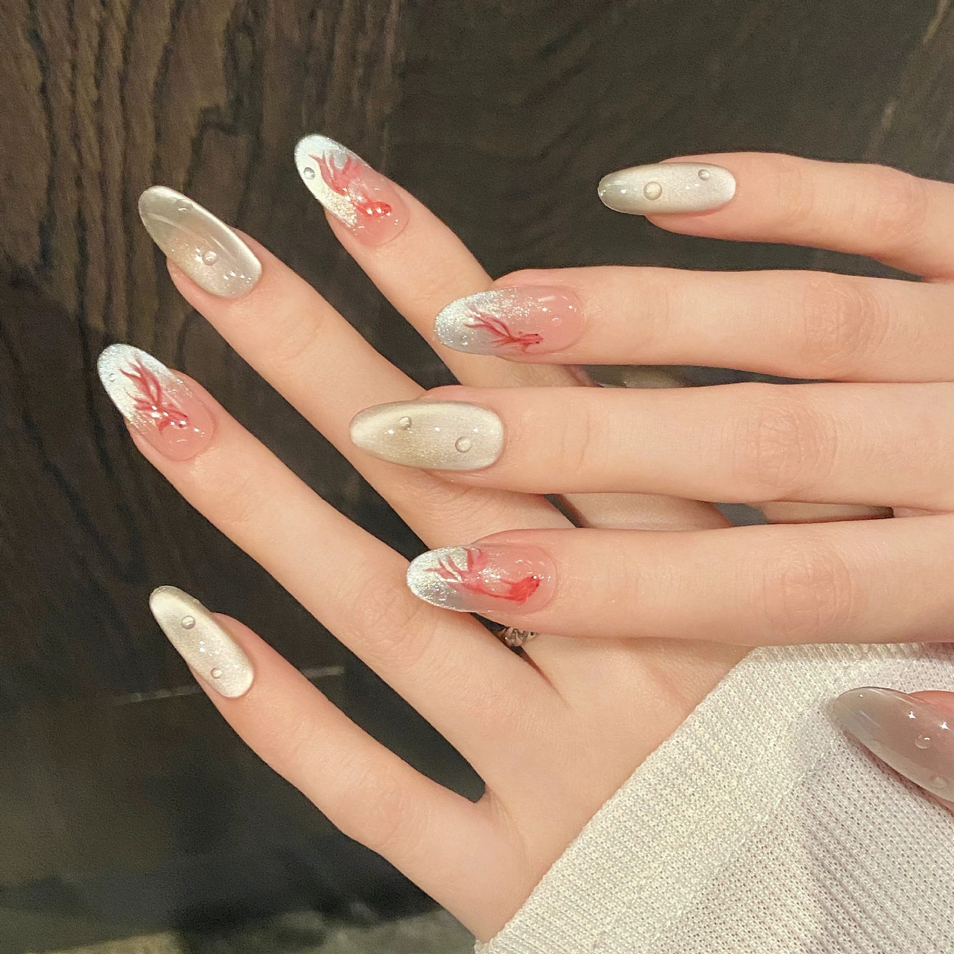 10 stuks lange glanzende kattenoog Chinese stijl handgemaakte Y2k nagelpers op nagels amandel nepnagels gradiënt Franse kunstnagels draagbaar