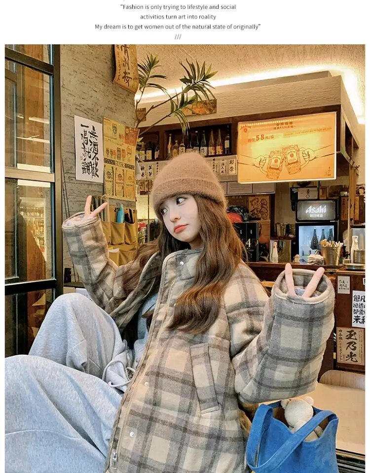 Retro Plaid Short Padded Jacket for Women Autumn Winter Maillard Style Thick Warm Outerwear Female Casual Korean Puffer Jackets