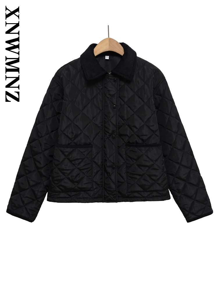 

XNWMNZ 2025 осеннее новое женское шикарное модное пальто с отложным воротником и длинными рукавами, простая женская одежда для поездок на работу, черная повседневная куртка