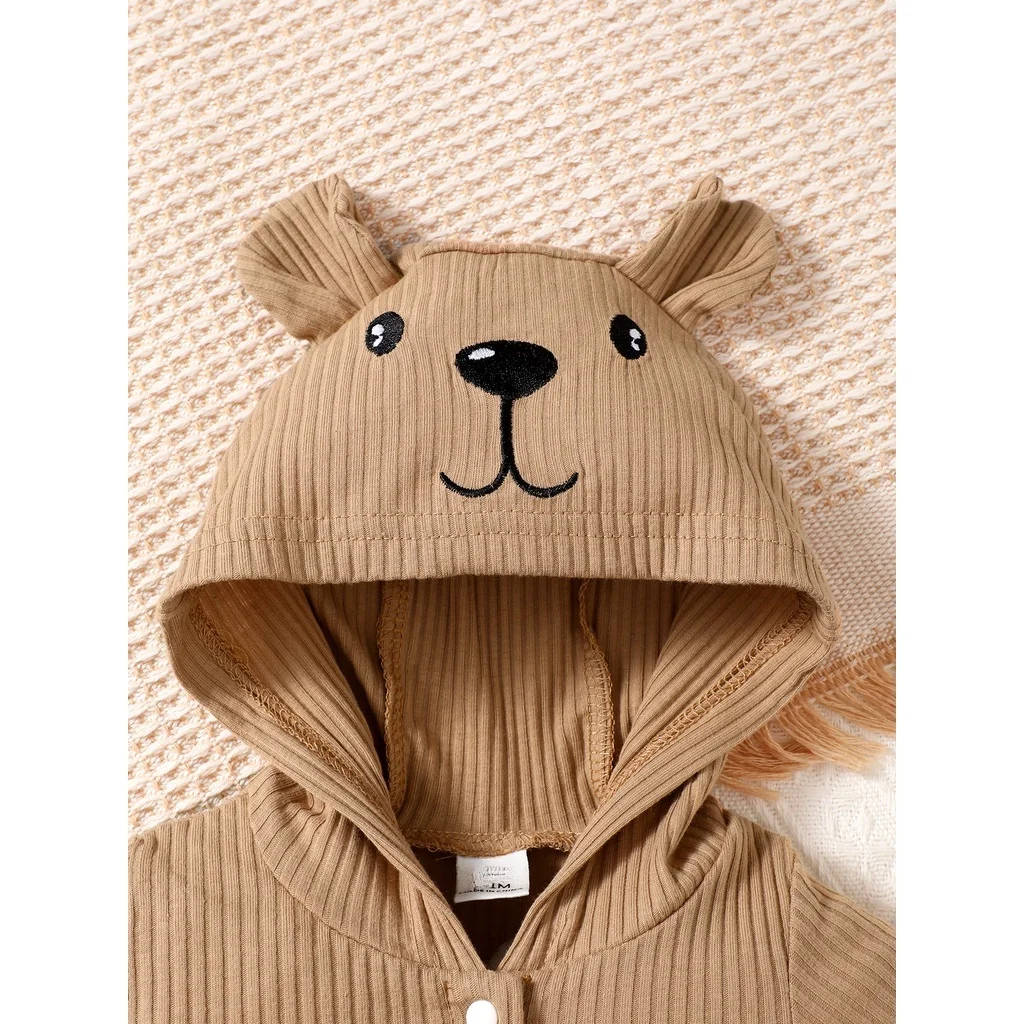 0-9 Months Newborn Baby Boy Girl Ribbed Brown Short Sleeve Bear Print Hooded Romper Fashion Lovely Jumpsuit Photograph Outfit