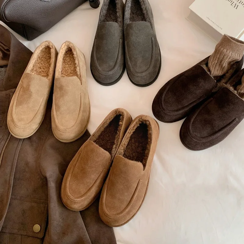 Women's Winter Footwear Short Plush Casual Slip on Round Toe Fleece Loafers Leather Soft Warm Comfortable Flats Shoes Ladies