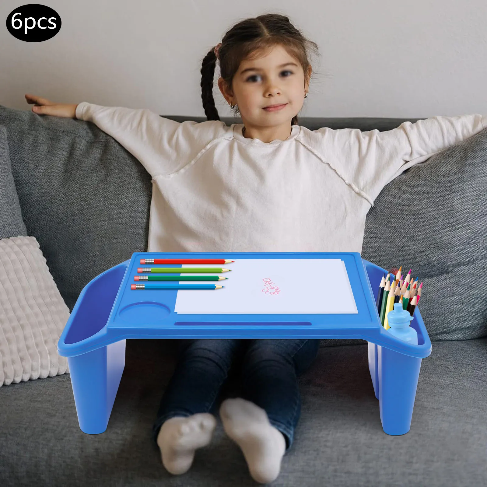 6Pcs Blue Children's Laptop Table with Side Storage Multifunctional Movable Dining Table Used in Kindergartens and Families