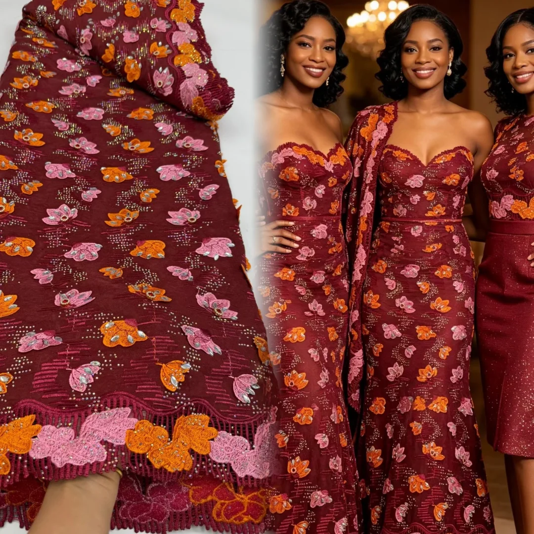 AT2970 Swiss Voile Lace Fabric with 3D Flower Applique And Stones Super Quality african fabric for women Wedding Dress Lace 2026