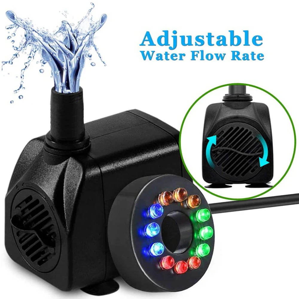 Submersible Pump 15W 12pcs LED Lights Aquarium Pond Glow Rockery Fountain Pumps With Landscaping Light 1000L/H Oxygen Water Pump