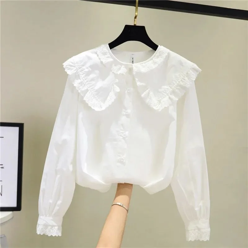 Spring Autumn Large Turndown Collar Shirt Women's Sweet Lace Doll Collar Long Sleeve Top Loose Single Breasted Versatile Blouse