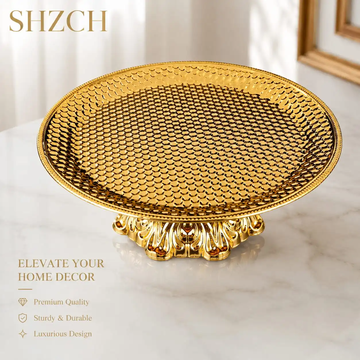 Luxury Gold Hammered Metal Tray | European Style Elevated Fruit Bowl | Decorative Organizer for Coffee Table