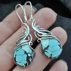 Vintage Blue Stone Boho Earrings Womens Exquisite Silver Color Metal Geometry Hollow Wedding Dangle Earrings 2022 Jewelry