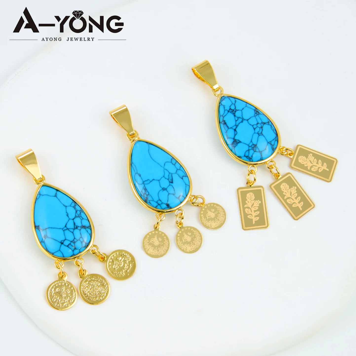 Arab Fashion Turquoise Gold Color Pendant 18k Gold Plated Italian Tassel Necklace Pendants Saudi Women Event Party Jewelry