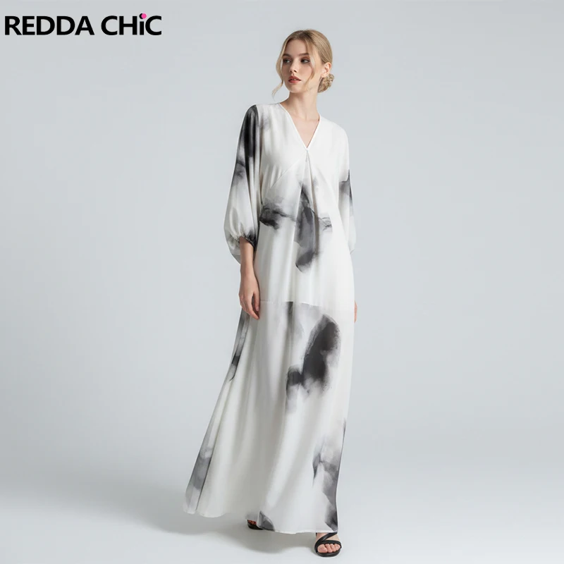 REDDACHiC Tie Dye Boho Dress V-neck Drawstring Sleeves Loose Draped Flowy Maxi Long Summer Dress Vacation Lounge Women Clothes