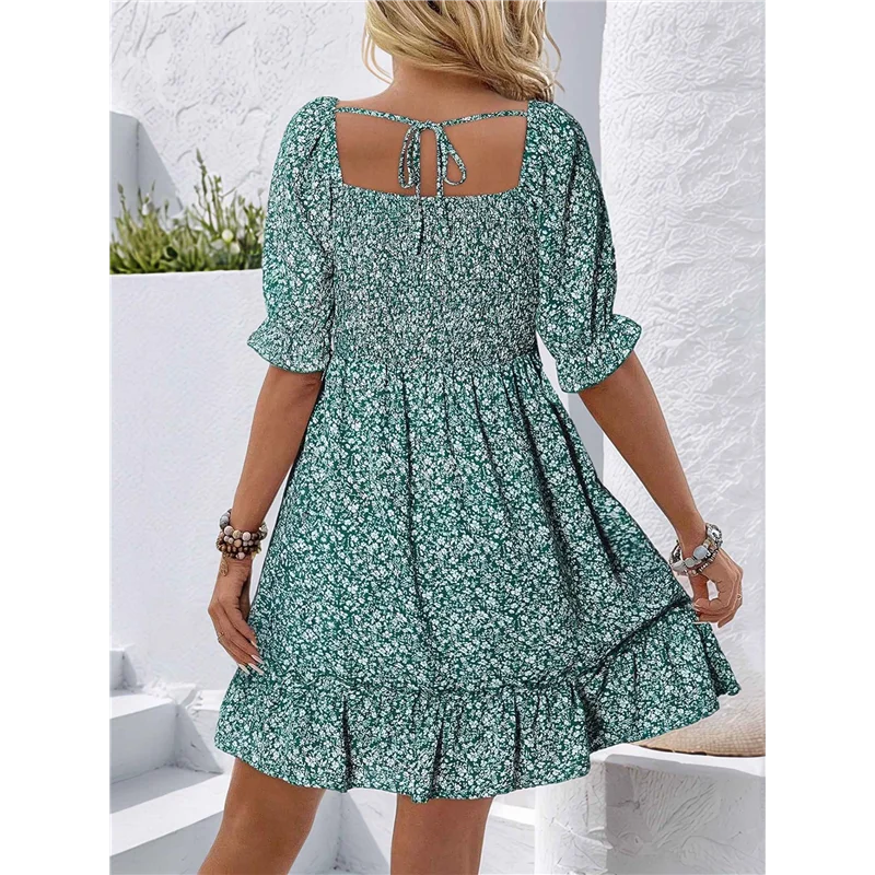 NUOVI-Vestiti estivi casual da donna Manica corta Collo quadrato Smocked Boho Floral Sundress Flowy A-Line Mini abito