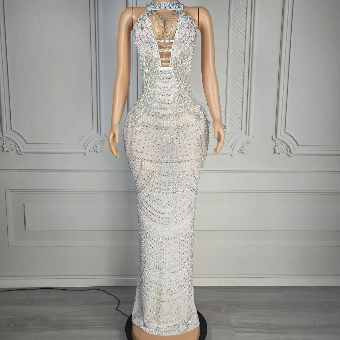 Women Luxury Sleeveless Deep Cutout Crystal Beaded Maxi Dress Tassel Chain Mesh Bodycon Formal Gown For Red Carpet Banquet Event