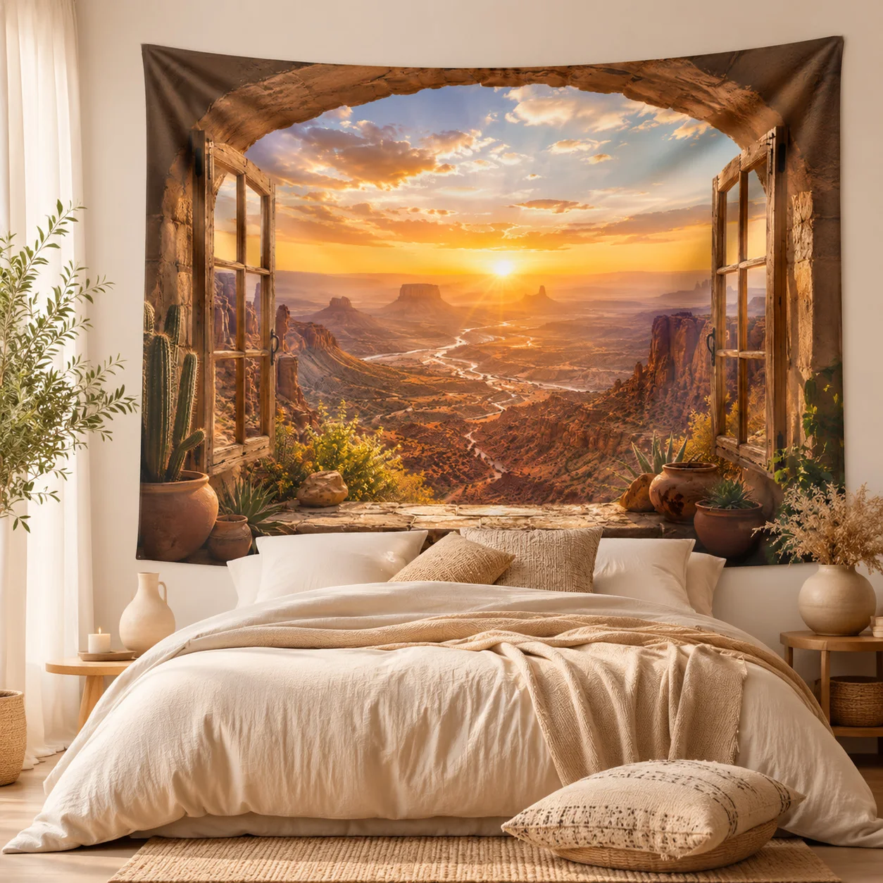Desert Sunset Tapestry Faux Window Canyon Landscape Wall Hanging Southwestern Western Wall Art Bedroom Living Room Decor