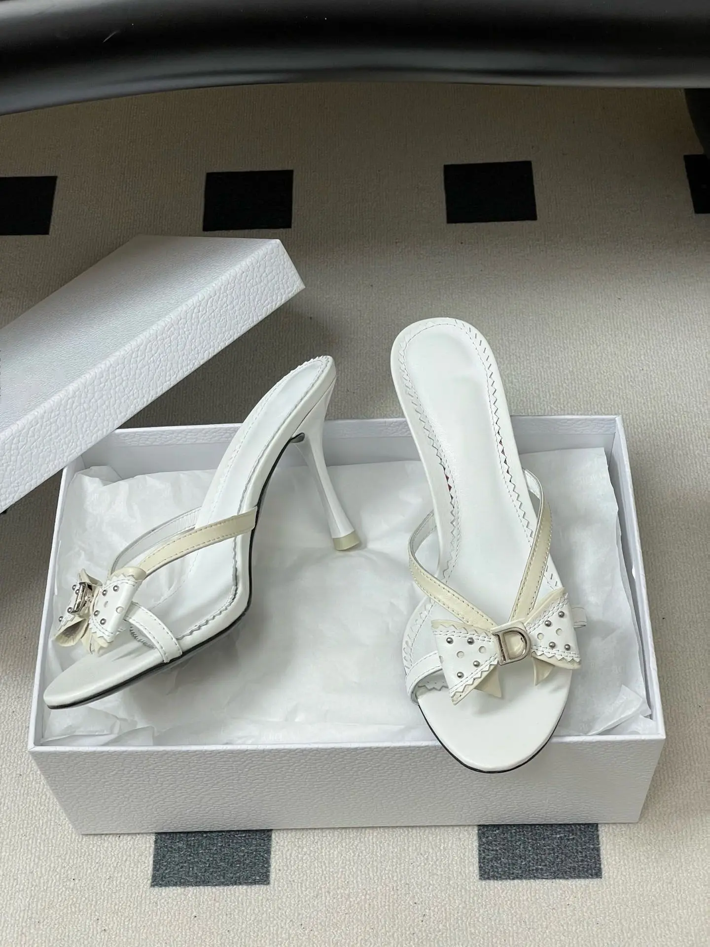 2026 New Sweet Pink Bow Rivet High Heels Women Elegant Thin Strap Stiletto Slippers Fashion Open Toe Slide Sandals Ladies Shoes