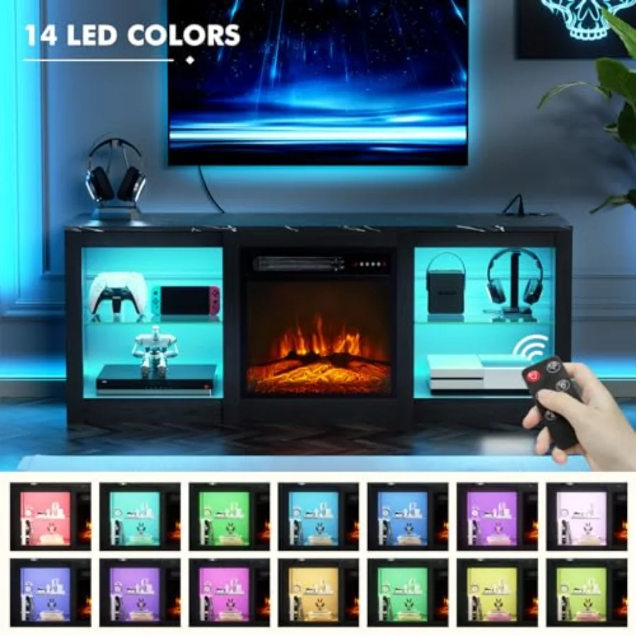 حامل تلفزيون مدفأة كهربائية مقاس 58 بوصة لأجهزة تلفزيون 65 بوصة مركز ترفيه حديث مع مدفأة كهربائية مدمجة مقاس 18 بوصة ومدفأة LED