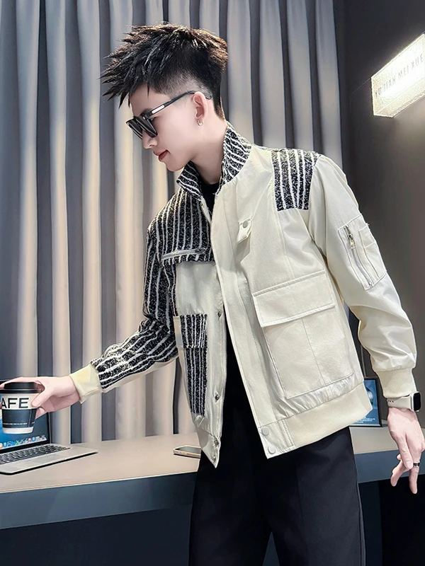 

Мужская модная куртка Slim Fit в полоску, осенне-зимняя новинка, молодежный стиль, смесь полиэстера и хлопка, на молнии...