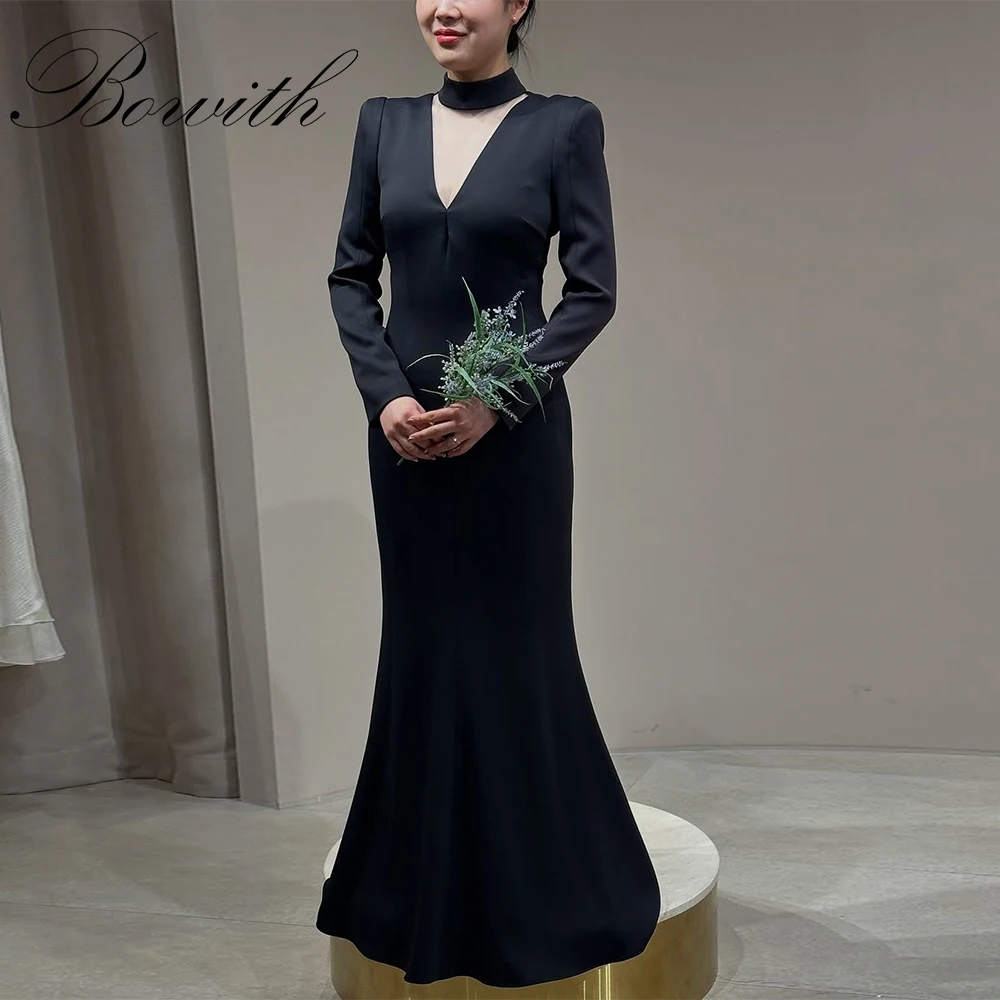 

Bowith Black Mermaid V-Neck Long Sleeve Evening Dresses Elegant Floor-Length Korea Photo Shoot Wedding Reception Dress Customize